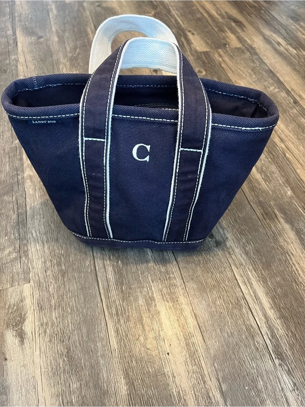 Lands End Vintage 90s Canvas Mini Tote Bag Navy Embroidered C Boat Tote Zippered - Picture 2 of 9